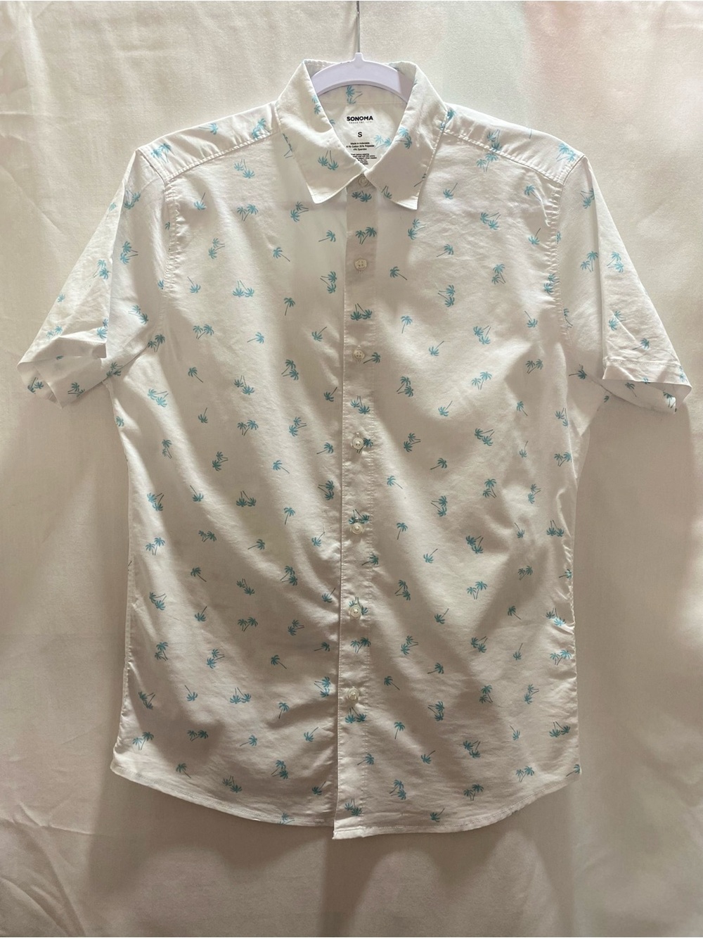 Sonoma Men Small Short Sleeve Button-Up Shirt white teal palm tree print #preppy